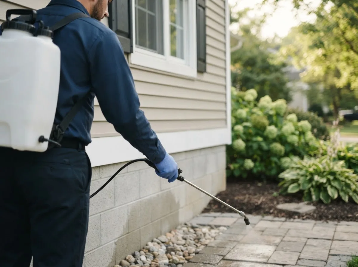 Pest control technician inspecting a home in Wales, WI